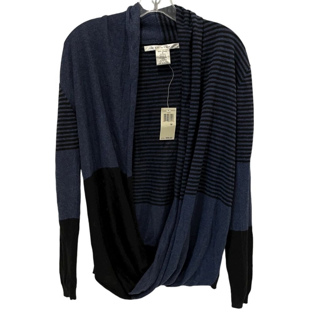 Max Studio Blue Black Stripes Open Front Cardigan Long Sleeve Top NWT